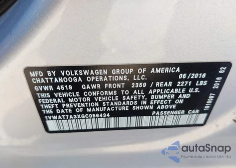 2016 Volkswagen Passat 1.8T S z USA, uszkodzony, nr VIN 1VWAT7A3XGC056434